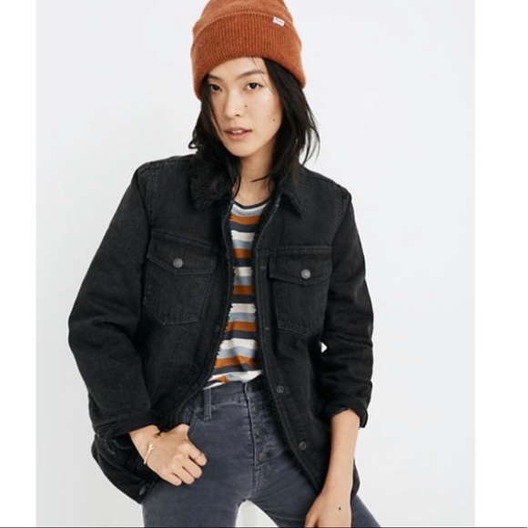 Madewell Black Oversized Sherpa Lined Denim Jacket - Picture 1 of 9